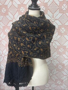 Embroidered Scarf Wrap | Black & Gold Floral | Boho